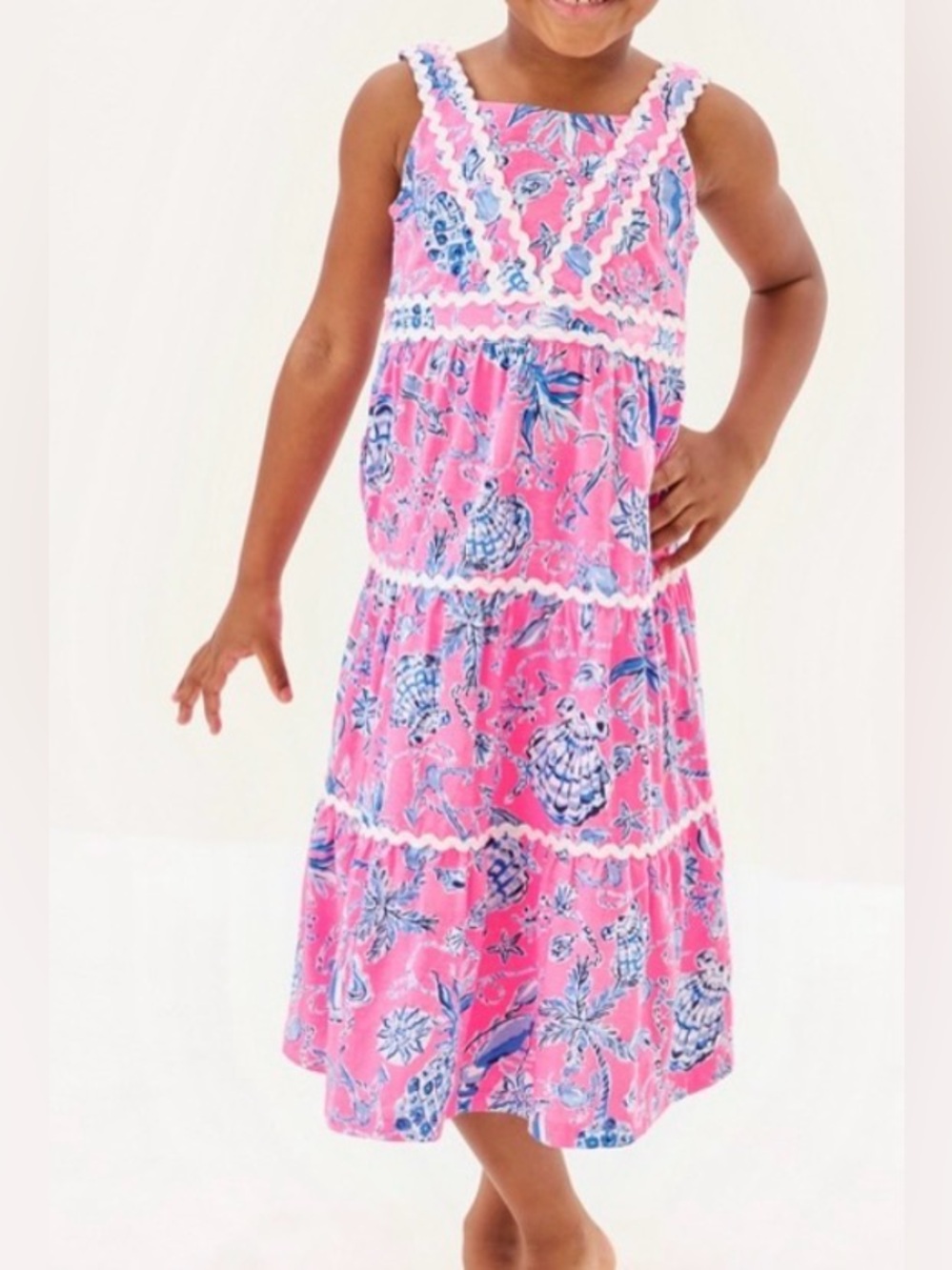 Lilly Pulitzer Girls Large 10 Cotton Mini Pollie Tiered Midi Dress Seashell Pink